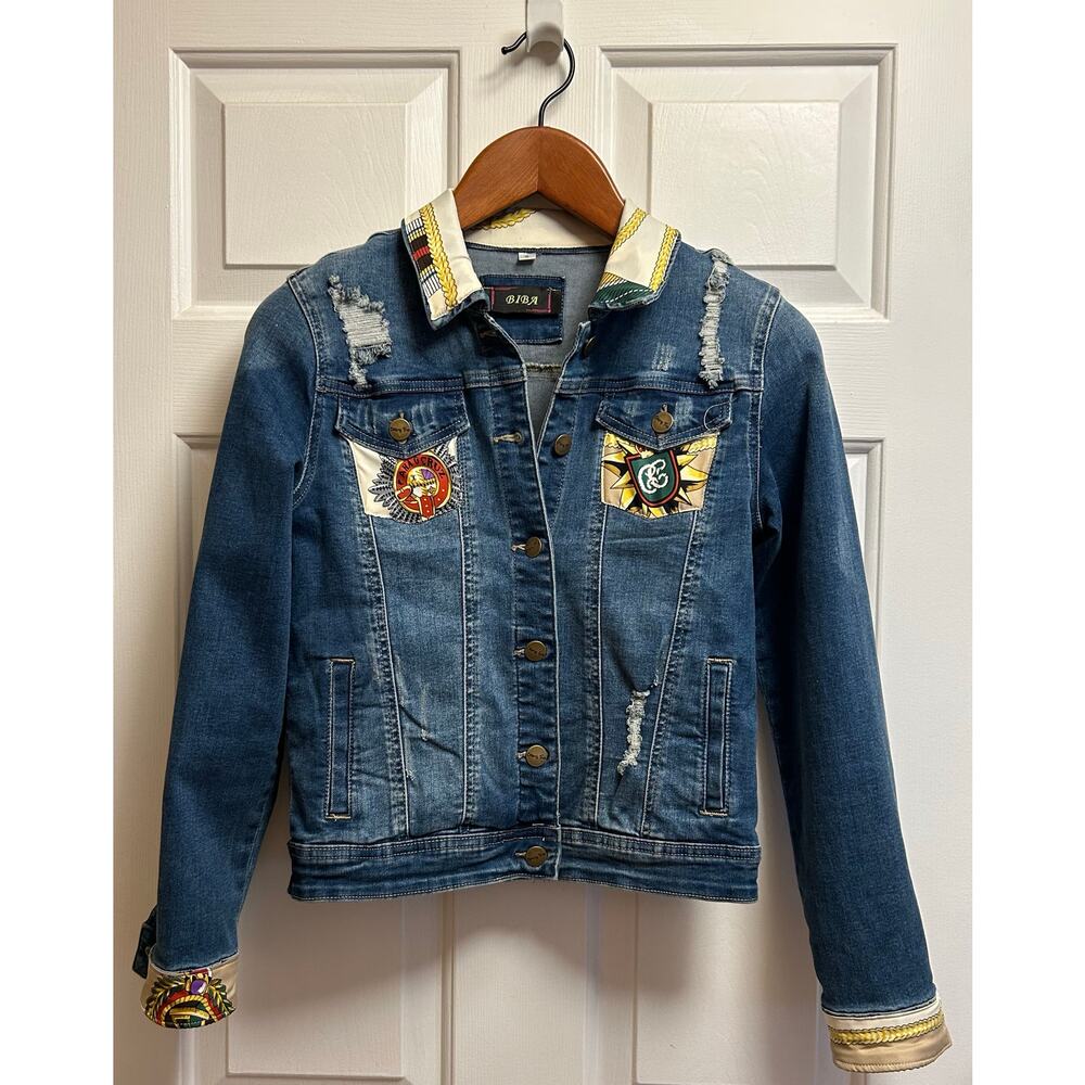 Biba Stunning Distressed Denim Jacket with Gold Crest Patches, Size S